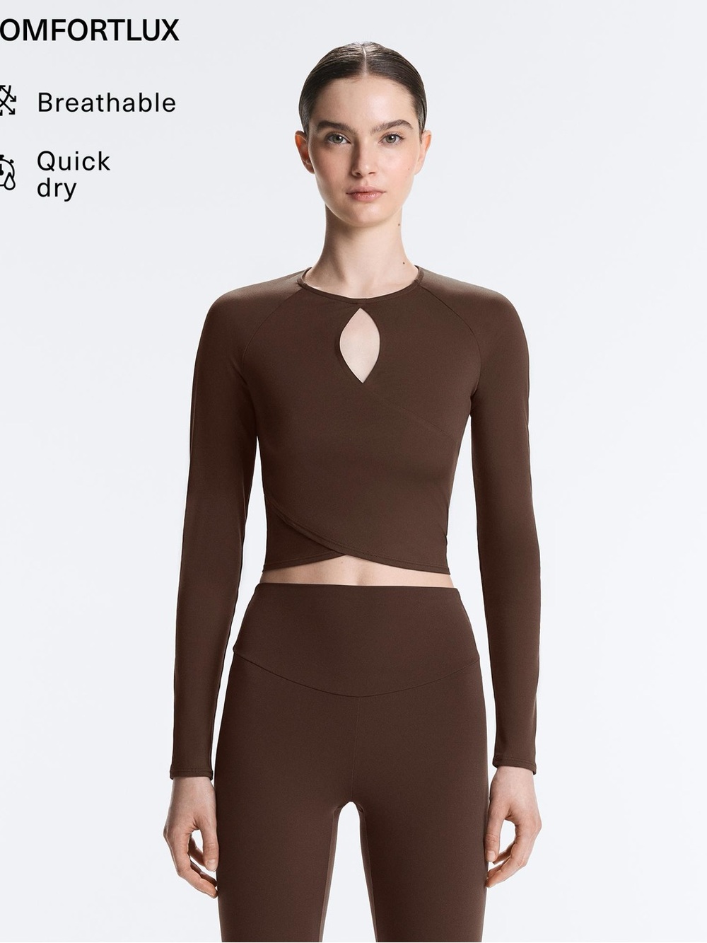 OYSHO Brown Long-Sleeve Keyhole Crop Top XL
